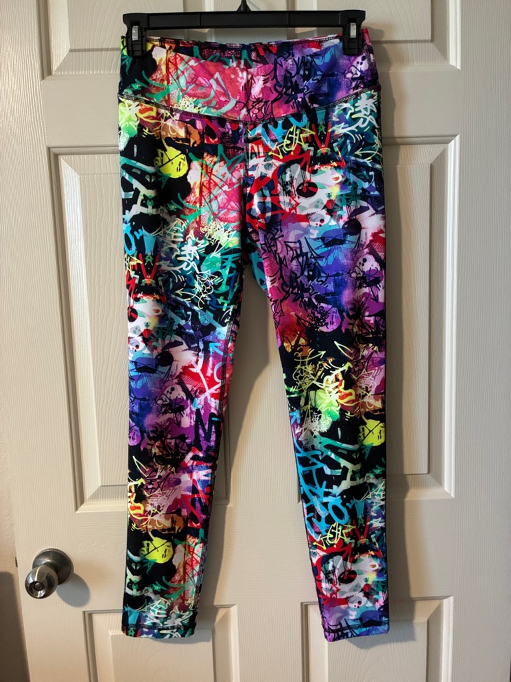 Material Girl Women’s Multicolor Graffiti Leggings — Black, Pink, Blue, Purple